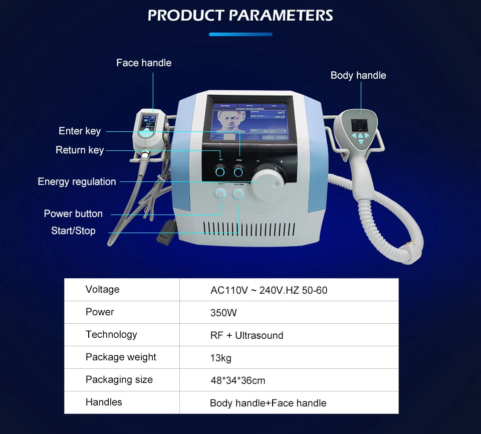 2 in 1 RF 360 Fat Reducing Body Contouring Cellulite Reduction Slimming Machine Wrinkle Removal Ultrasonic Face Lift 2 Handles
